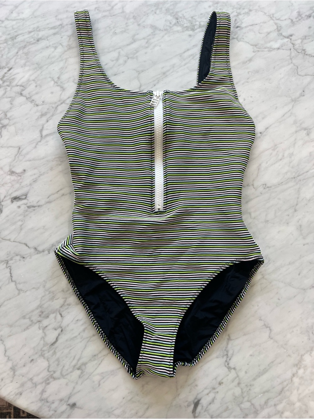 SOLID & STRIPED Black, White & Lime Stripe Zip One-Piece Swimsuit